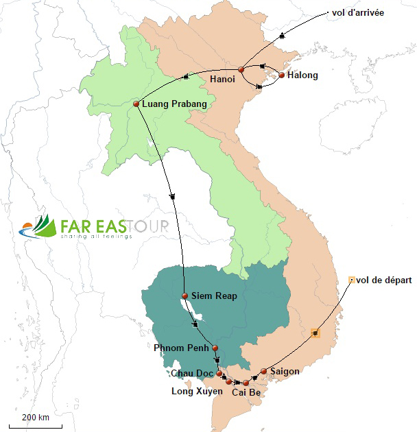 Carte du Circuit combiné Vietnam-Laos-Cambodge 15 jours