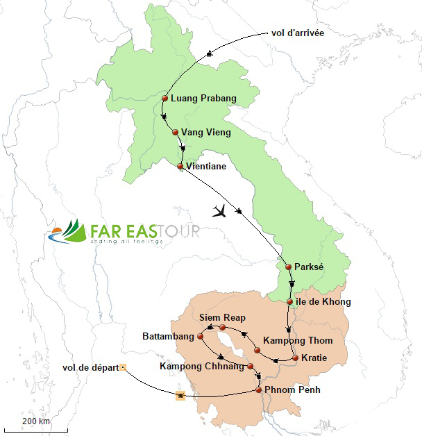 Carte du circuit voyage au Laos Cambodge 3 semaines