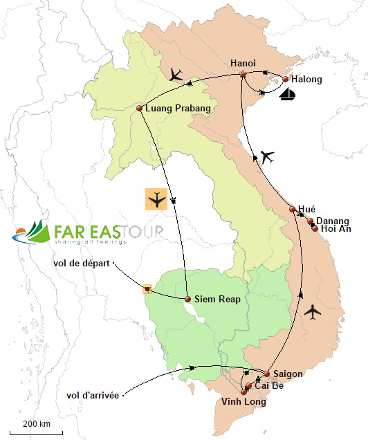 Carte du circuit de voyage en Indochine (Vietnam Laos Cambodge) 17 jours